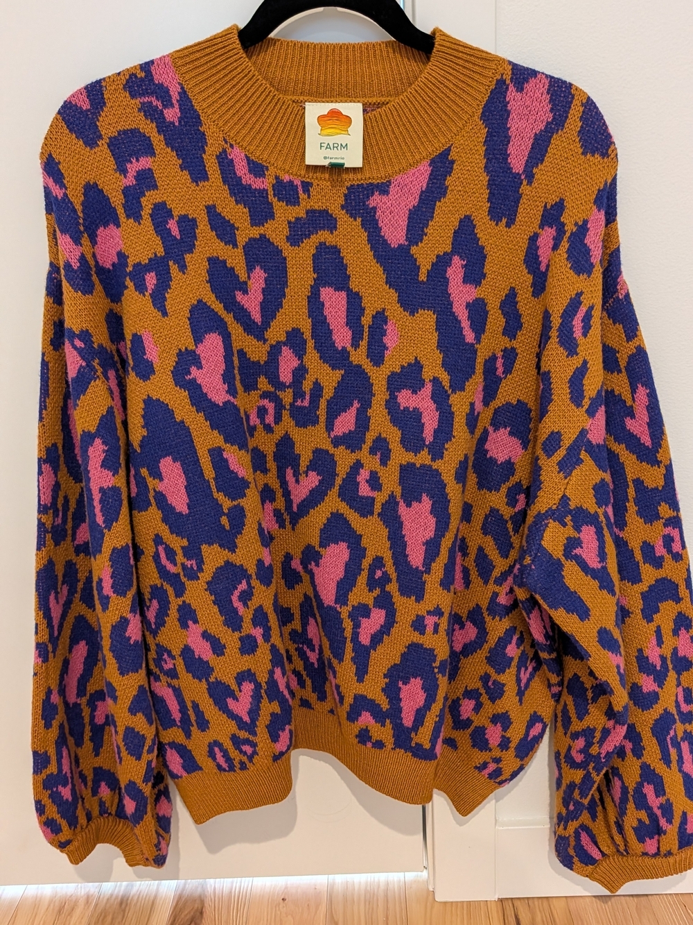 Farm Rio Animal Print Sweater with Pink and Blue Accents